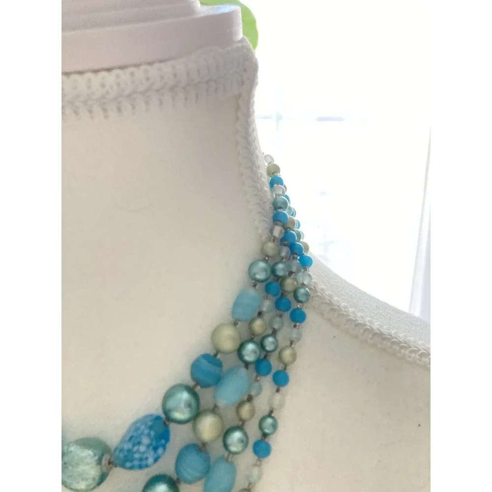 Vintage Aqua Blue Multi Strand Beaded Statement Necklace Art Glass Faux Pearl